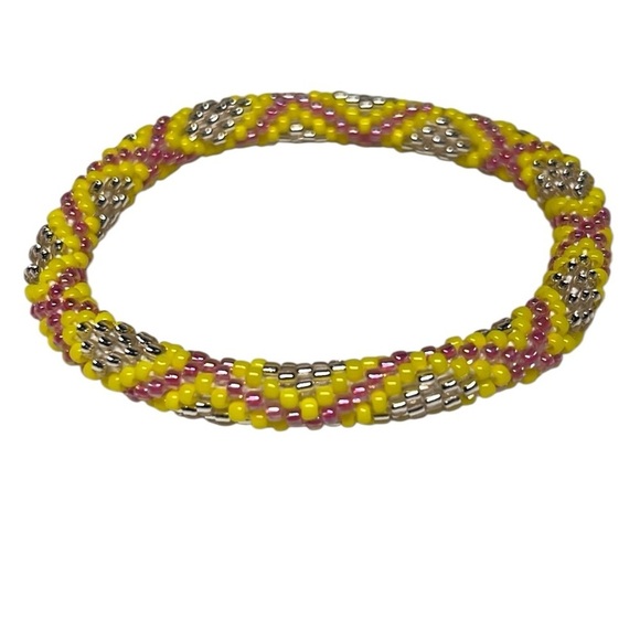Handmade Sashka Bracelet Yellow and Pink Beaded - Picture 1 of 12